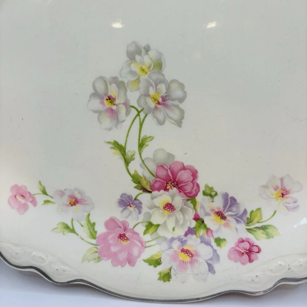 Vintage Homer Laughlin Floral Oval Serving Bowl‎ Silver Trim USA 11.5